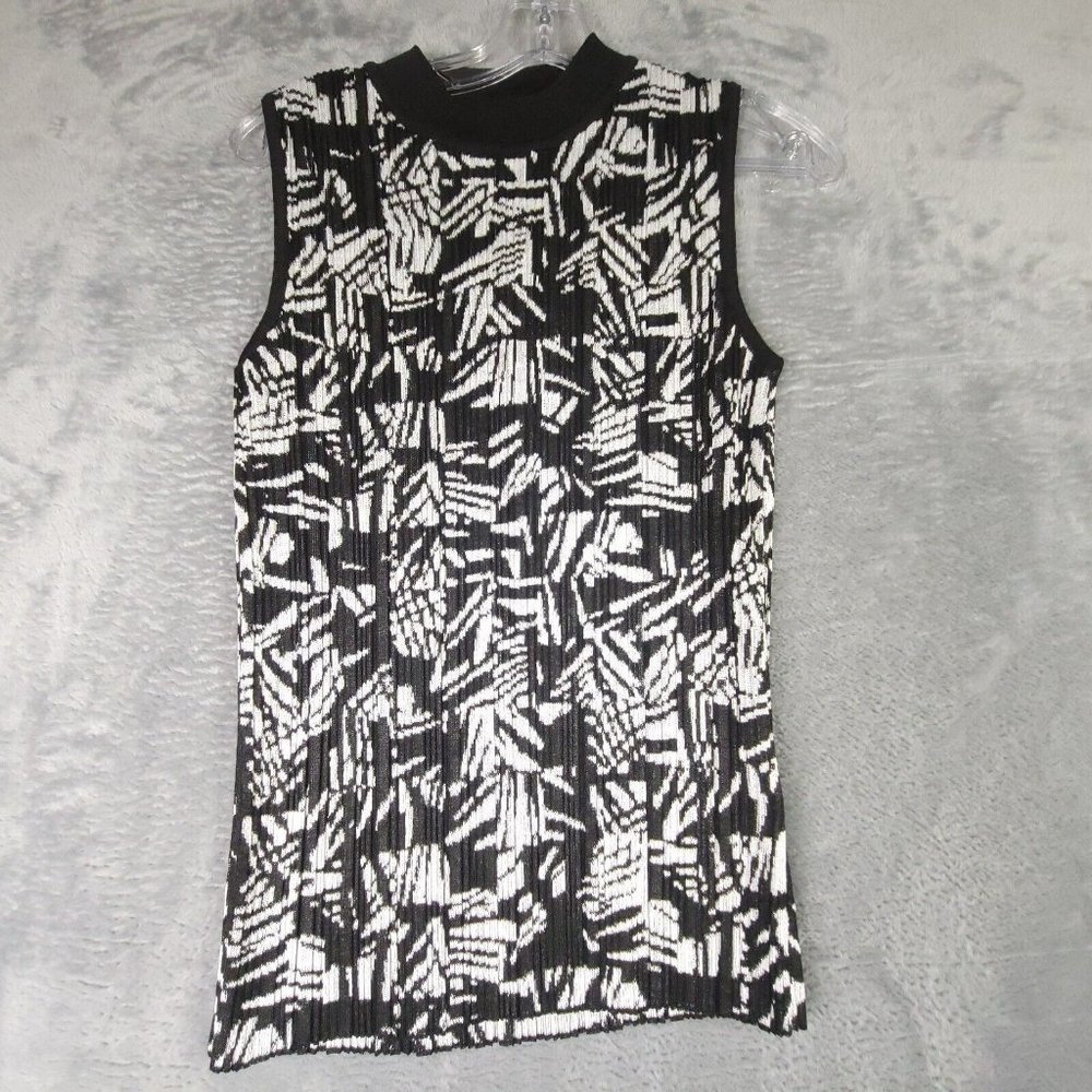 Hugo Boss Womens Blouse Black White Geometric Sleeveless Mock Neck Italy S New